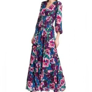 Shoshanna Monterey Floral Maxi Dress Sz 6 Lapis Dark Blush